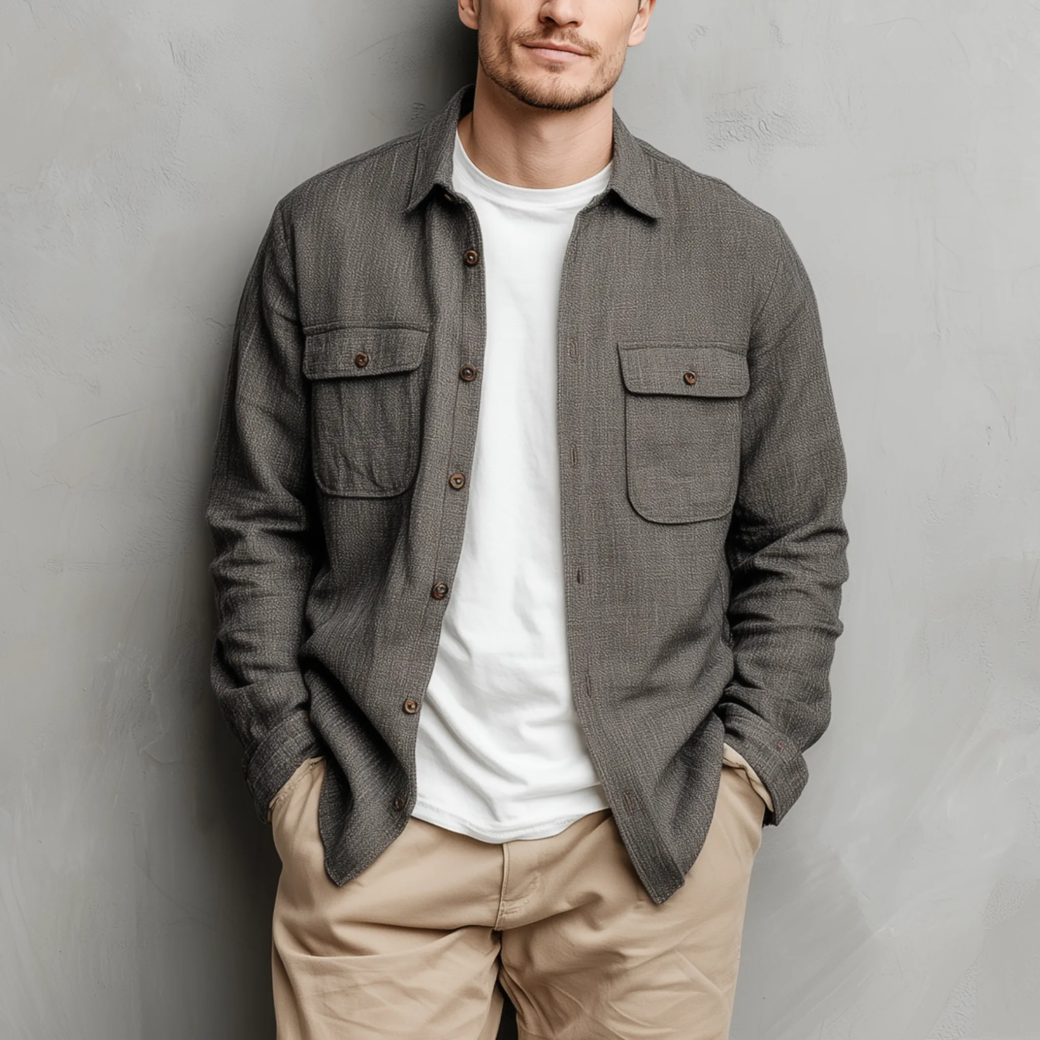 Men's Classic Casual Cotton And Linen Blended Color Textured Pocket Long Sleeve Shirt MTA2894G7K sold by Manly product image thumbnail 2