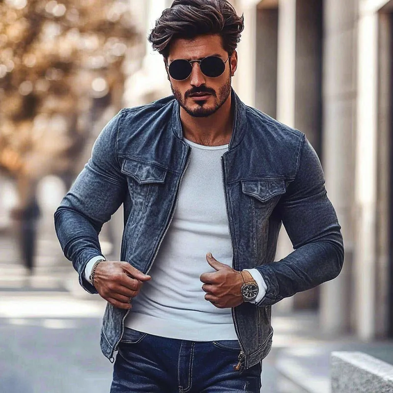 Men's Stylish Motorcycle Washed Stand Collar Zipper Denim Jacket MTA2536G4X sold by Manly product image thumbnail 3