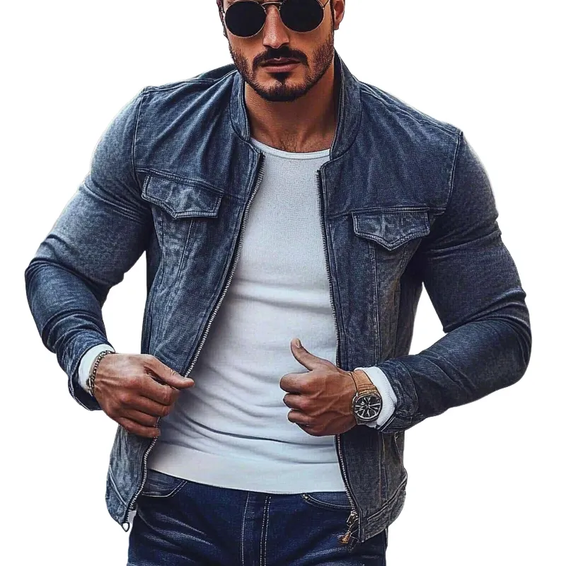 Men's Stylish Motorcycle Washed Stand Collar Zipper Denim Jacket MTA2536G4X sold by Manly
