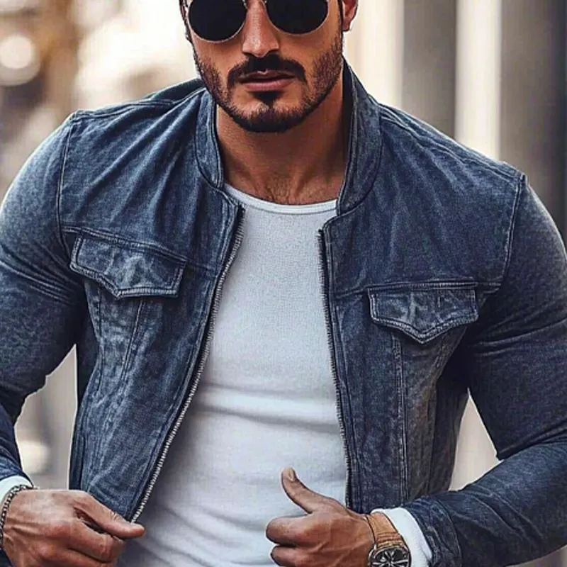 Men's Stylish Motorcycle Washed Stand Collar Zipper Denim Jacket MTA2536G4X sold by Manly product image thumbnail 4