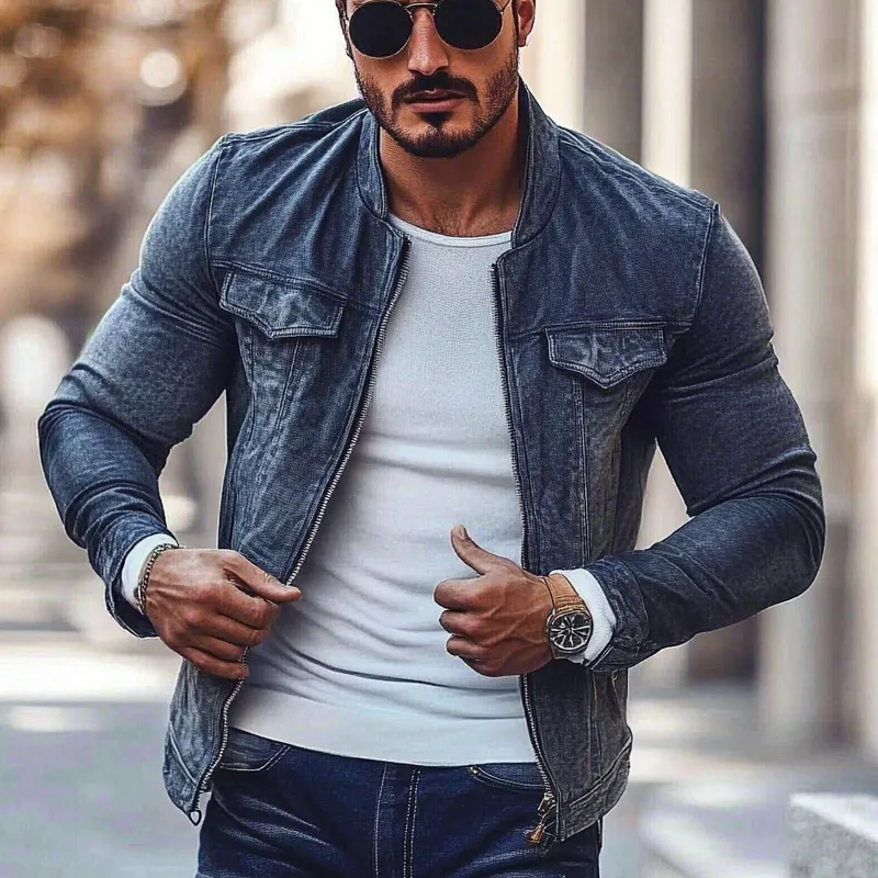 Men's Stylish Motorcycle Washed Stand Collar Zipper Denim Jacket MTA2536G4X sold by Manly product image thumbnail 2