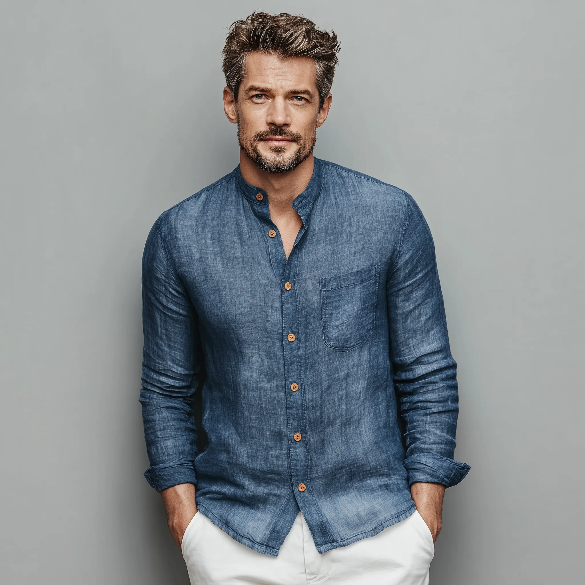 Men's Classic Casual Tencel Cotton Stand Collar Long Sleeve Shirt MTA2884G9K sold by Manly product image thumbnail 3