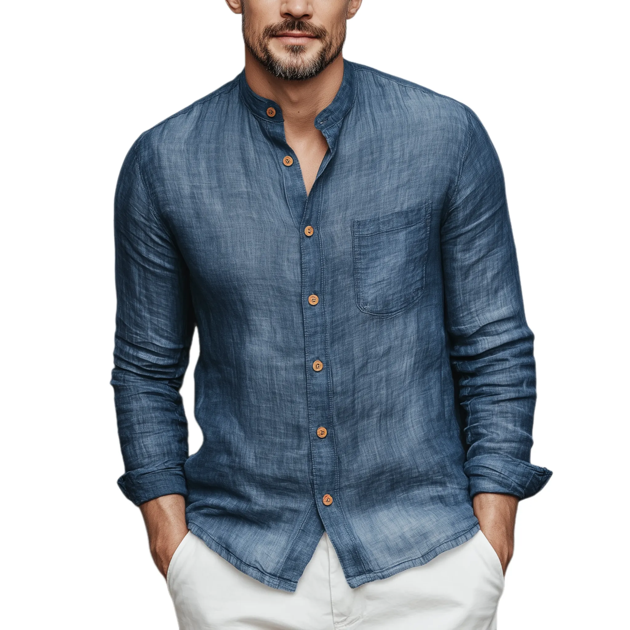 Men's Classic Casual Tencel Cotton Stand Collar Long Sleeve Shirt MTA2884G9K sold by Manly