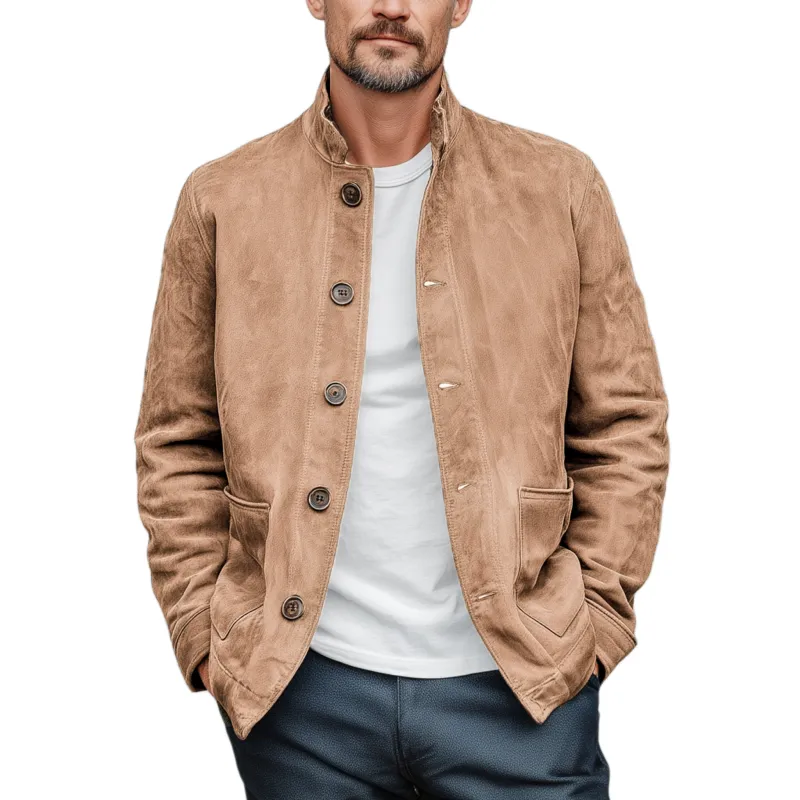 Men's Retro Casual Thin Suede Wooden Button Stand Collar Jacket MTA2517G7K sold by Manly