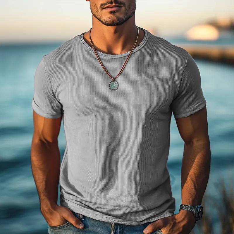 Men's Summer Round Neck Solid Color Knitted Short-sleeved T-shirt MTA2872G1U sold by Manly product image thumbnail 5