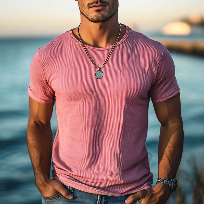 Men's Summer Round Neck Solid Color Knitted Short-sleeved T-shirt MTA2872G1U sold by Manly product image thumbnail 2