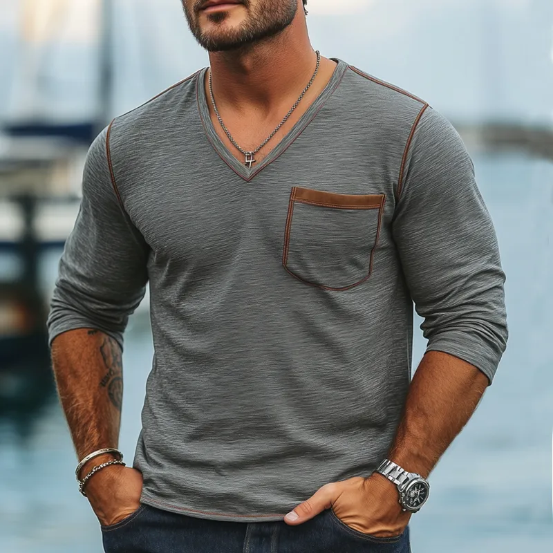 Men's Spring And Autumn V-neck Cotton Long Sleeve T-shirt MTA2878G7U sold by Manly product image thumbnail 2