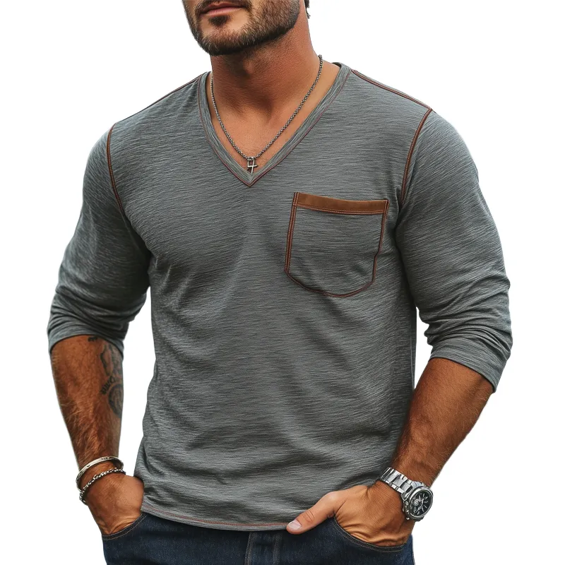 Men's Spring And Autumn V-neck Cotton Long Sleeve T-shirt MTA2878G7U sold by Manly