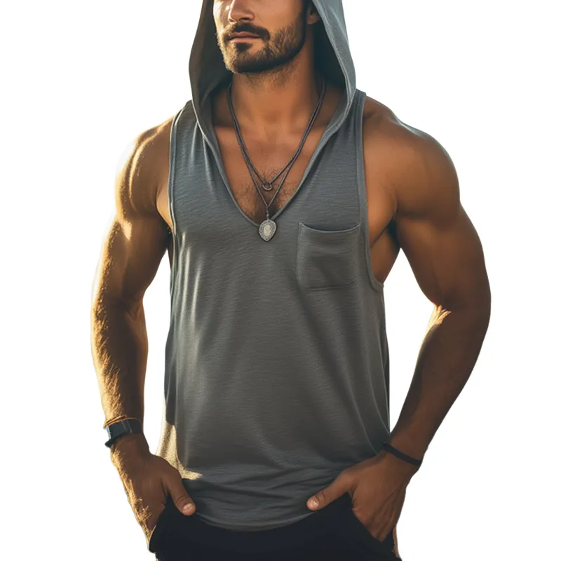 Men's Summer Basic Cotton Deep V Neck Hooded Tank Top MTA2860G6U sold by Manly