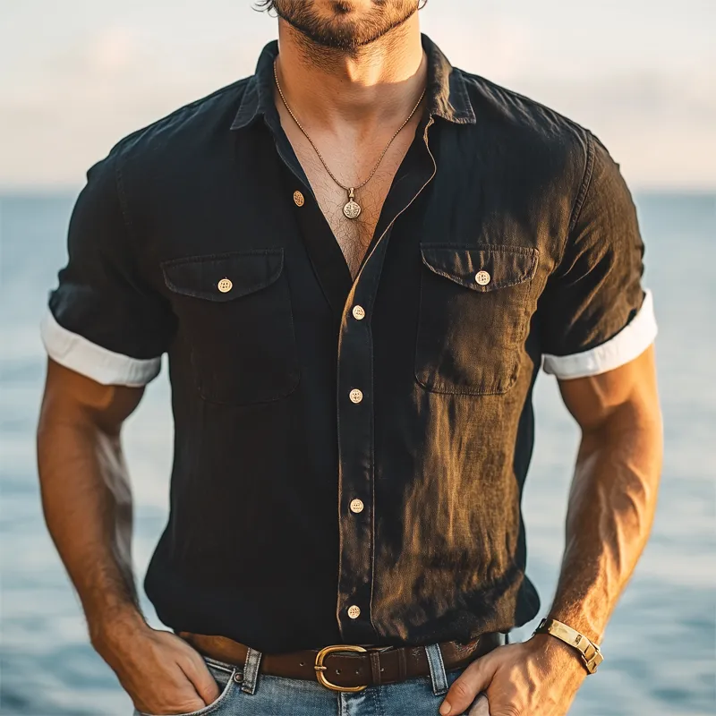 Men's Summer Business Color Matching Lapel Short-sleeved Shirt MTA2857G4U sold by Manly product image thumbnail 2