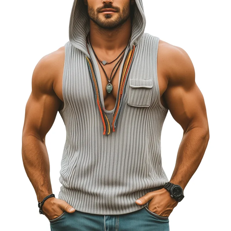 Men's Summer Deep V-Neck Striped Knitted Hooded Tank Top MTA2867G5U sold by Manly