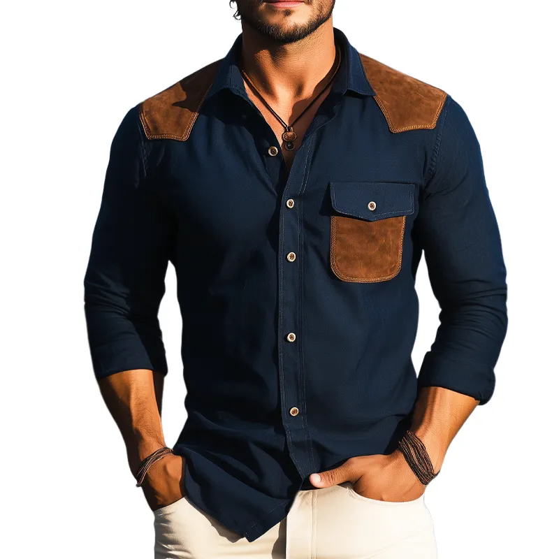 Men's Business Cotton Suede Stitching Long Sleeve Shirt MTA2862G5U sold by Manly