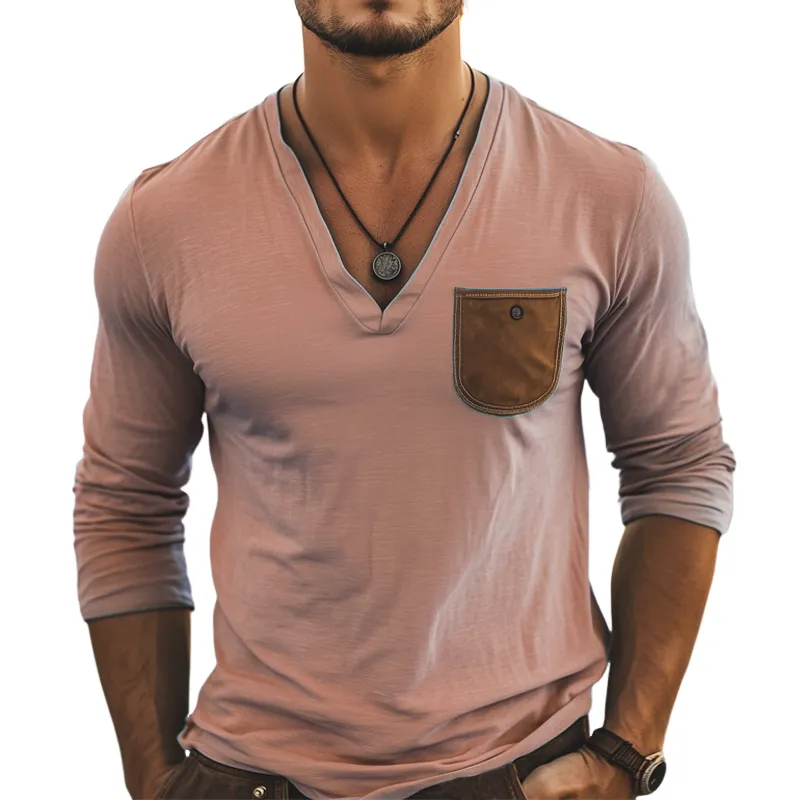 Men's Basic Deep V Neck Cotton Long Sleeve T-Shirt MTA2849G2U sold by Manly