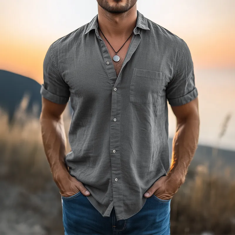 Men's Basic Solid Color Cotton And Linen Short Sleeve Shirt MTA2543G7U sold by Manly product image thumbnail 4