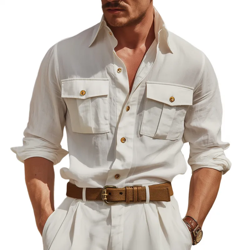 Men's Casual Breathable Solid Color Cotton Lapel Flap Pocket Loose Long Sleeve Shirt MTA2840G2M sold by Manly