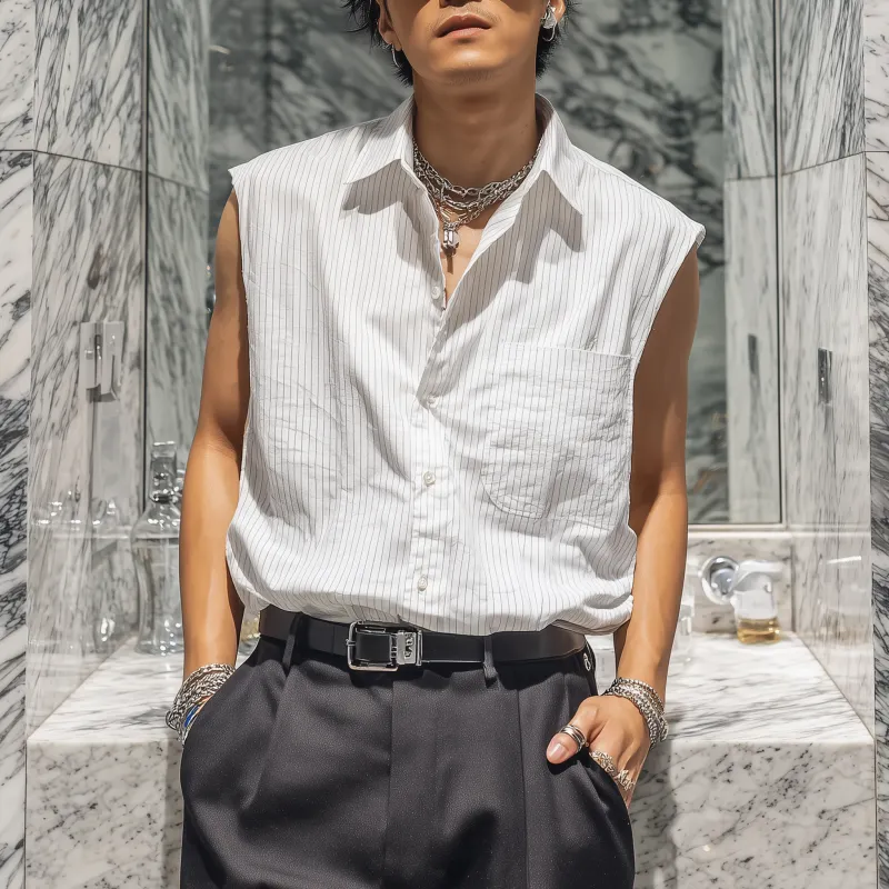 Men's Casual Breathable Cotton Striped Lapel Patch Pocket Loose Sleeveless Shirt MTA2892G9M sold by Manly product image thumbnail 2