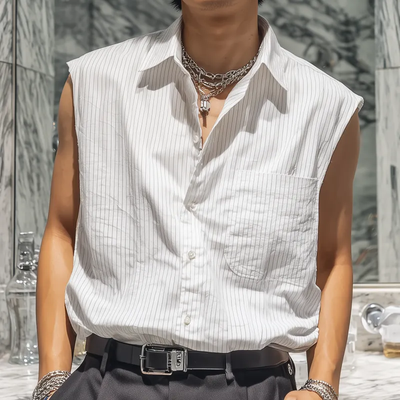 Men's Casual Breathable Cotton Striped Lapel Patch Pocket Loose Sleeveless Shirt MTA2892G9M sold by Manly product image thumbnail 3