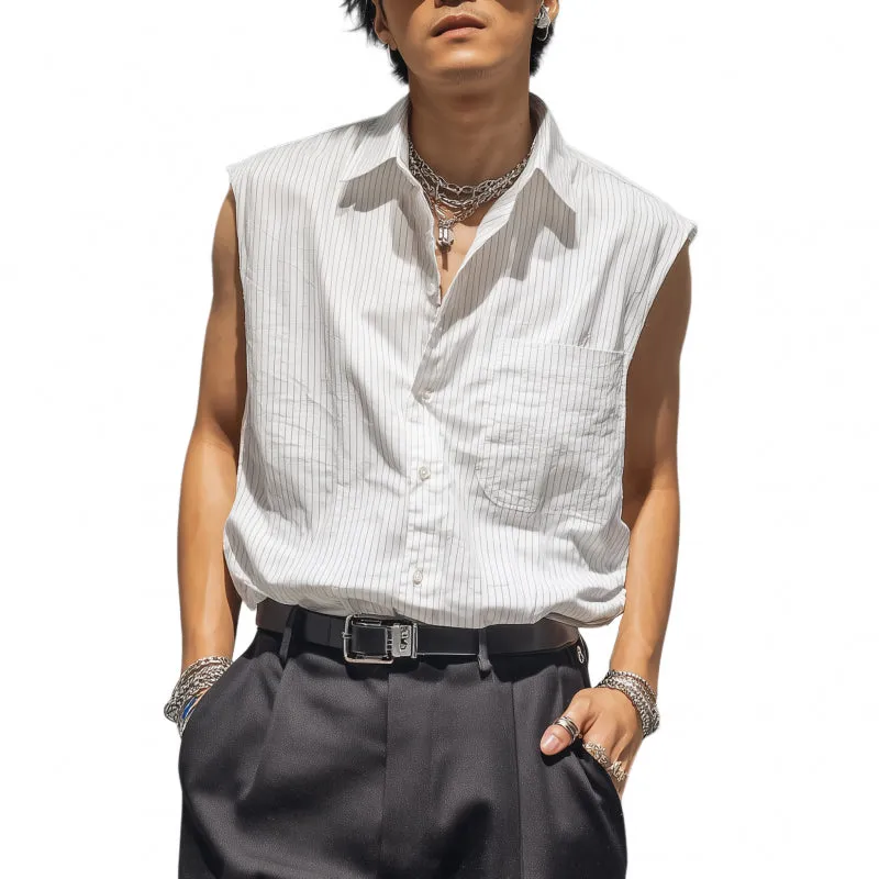 Men's Casual Breathable Cotton Striped Lapel Patch Pocket Loose Sleeveless Shirt MTA2892G9M sold by Manly