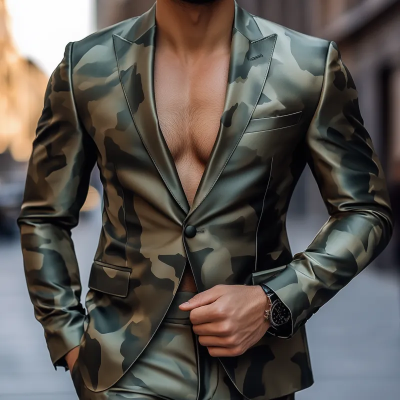 Men's Vintage Camouflage Print Satin Peak Lapel Single Breasted Slim Fit Blazer MTA2887G4M sold by Manly product image thumbnail 3