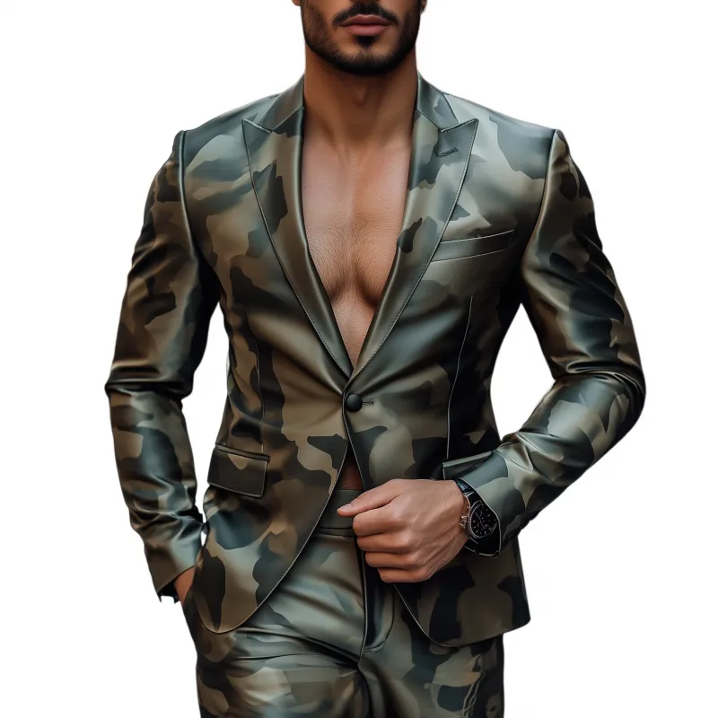 Men's Vintage Camouflage Print Satin Peak Lapel Single Breasted Slim Fit Blazer MTA2887G4M sold by Manly