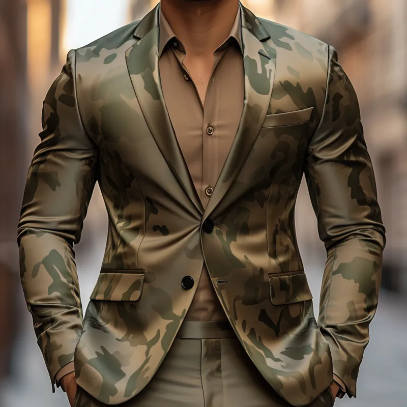 Men's Casual Camouflage Print Satin Notch Lapel Single Breasted Slim Fit Blazer MTA2820G3M sold by Manly product image thumbnail 3
