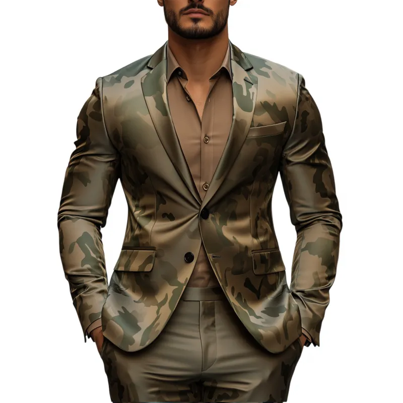 Men's Casual Camouflage Print Satin Notch Lapel Single Breasted Slim Fit Blazer MTA2820G3M sold by Manly