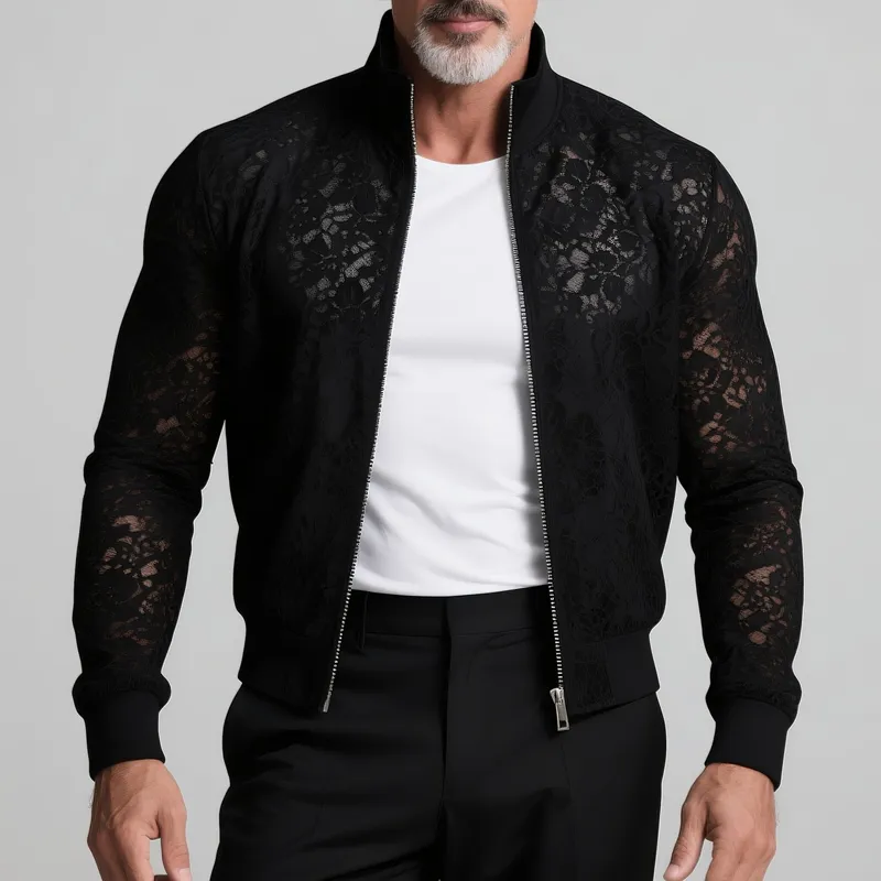 Men's Solid Lace Stand Collar Zipper Slim Jacket MTA2830G2Z sold by Manly product image thumbnail 2