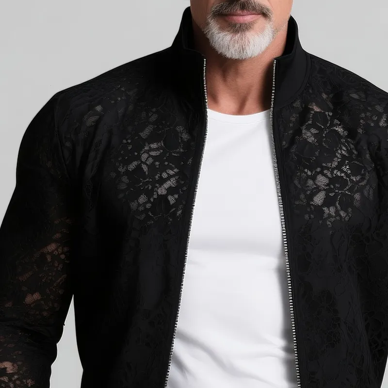 Men's Solid Lace Stand Collar Zipper Slim Jacket MTA2830G2Z sold by Manly product image thumbnail 3