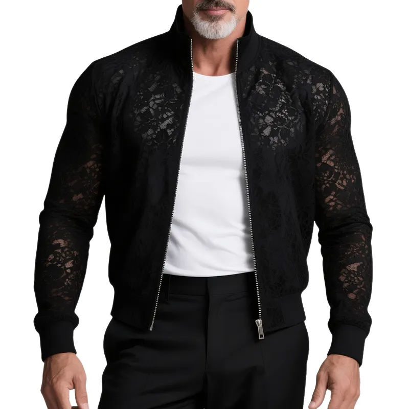 Men's Solid Lace Stand Collar Zipper Slim Jacket MTA2830G2Z sold by Manly