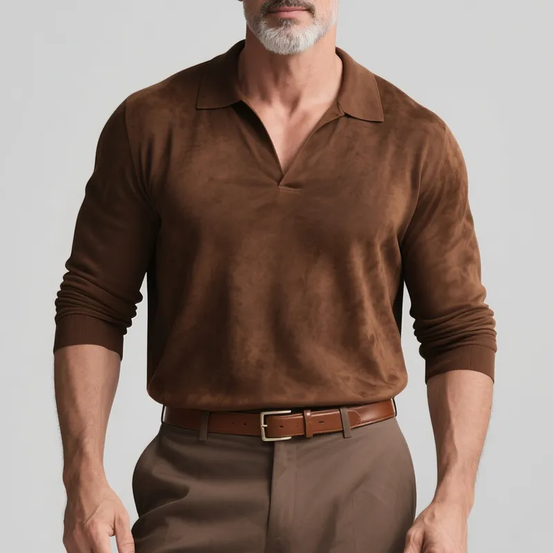 Men's Solid Faux Suede Lapel Long Sleeve Polo Shirt MTA2875G6Z sold by Manly product image thumbnail 2