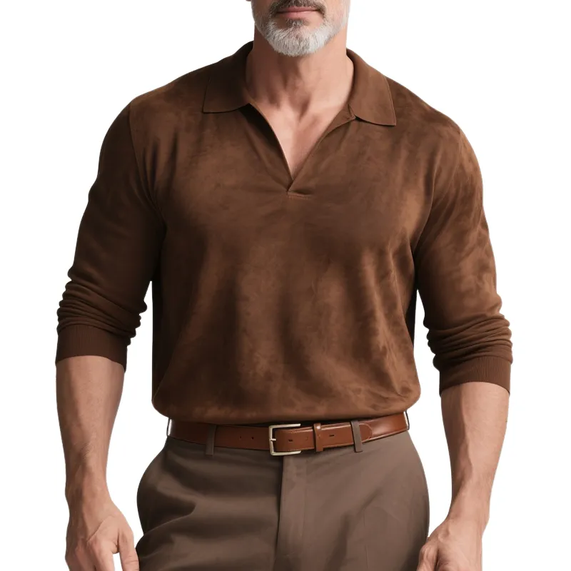 Men's Solid Faux Suede Lapel Long Sleeve Polo Shirt MTA2875G6Z sold by Manly