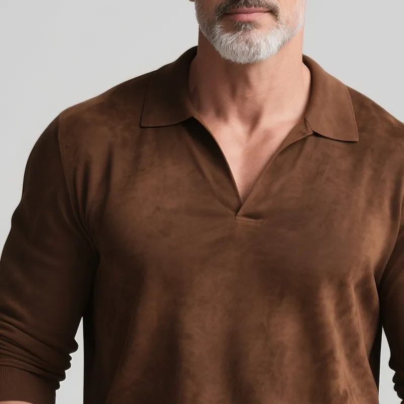 Men's Solid Faux Suede Lapel Long Sleeve Polo Shirt MTA2875G6Z sold by Manly product image thumbnail 3