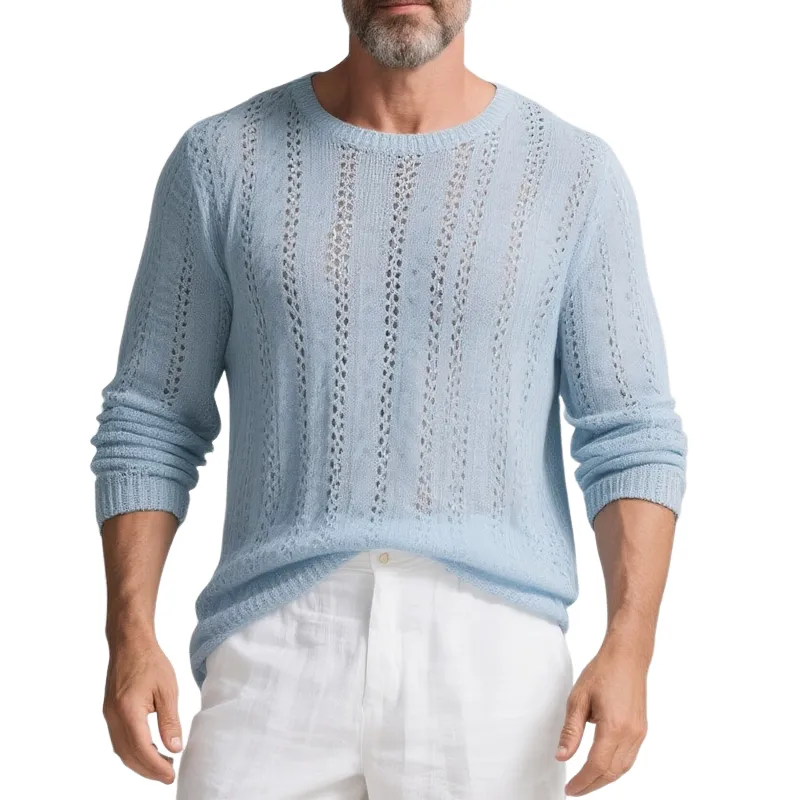 Men's Solid Color Hollow Out Knit Round Neck Long Sleeve Sweater MTA2863G9Z sold by Manly