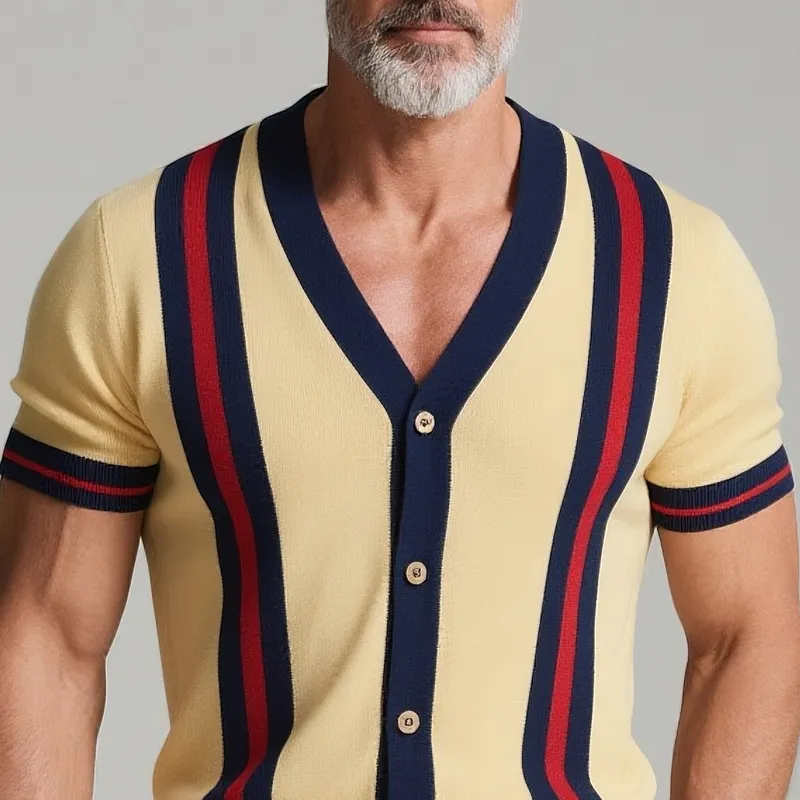 Men's Striped V Neck Short Sleeve Knit Cardigan MTA2823G8Z sold by Manly product image thumbnail 3