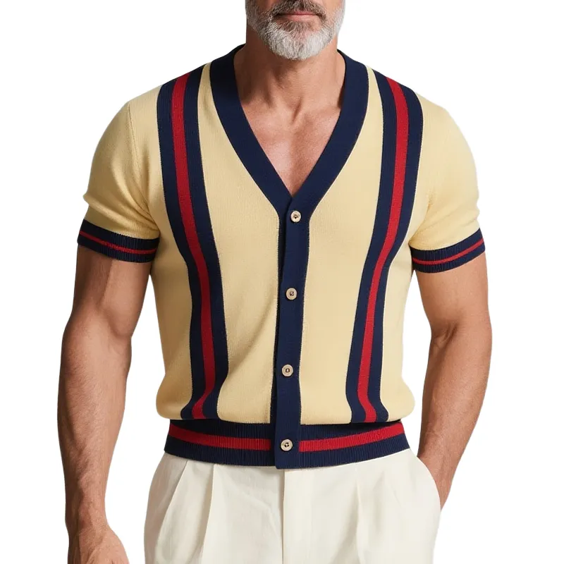 Men's Striped V Neck Short Sleeve Knit Cardigan MTA2823G8Z sold by Manly
