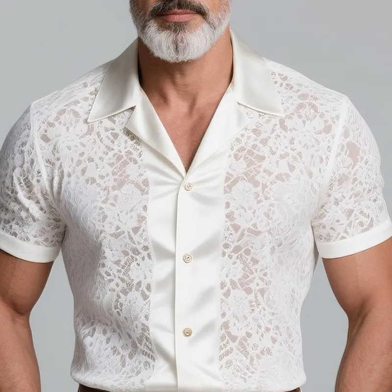 Men's Lace Stitching Satin Lapel Short Sleeve Shirt MTA2856G5Z sold by Manly product image thumbnail 3