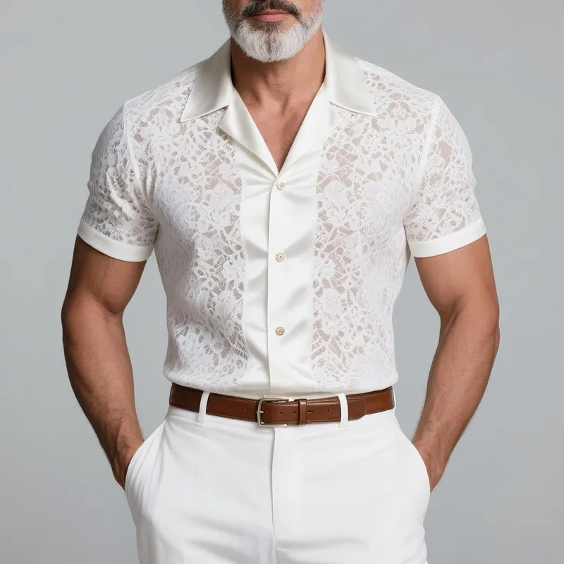 Men's Lace Stitching Satin Lapel Short Sleeve Shirt MTA2856G5Z sold by Manly product image thumbnail 2