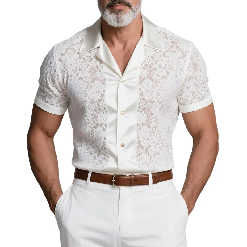 Men's Lace Stitching Satin Lapel Short Sleeve Shirt MTA2856G5Z sold by Manly