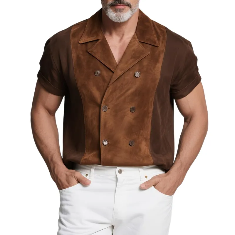 Men's Colorblock Faux Suede Lapel Short Sleeve Jacket MTA2802G2Z sold by Manly