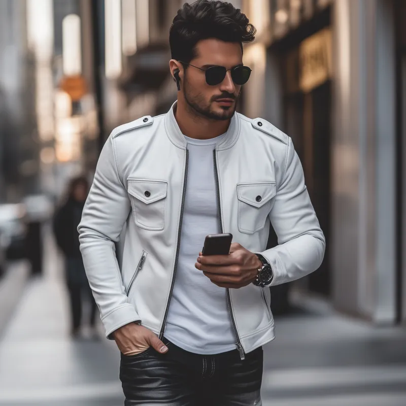 Men's Casual Solid Color Faux Leather Stand Collar Zipper Multi-Pocket Slim Fit Motorcycle Jacket MTA2521G5M sold by Manly product image thumbnail 3