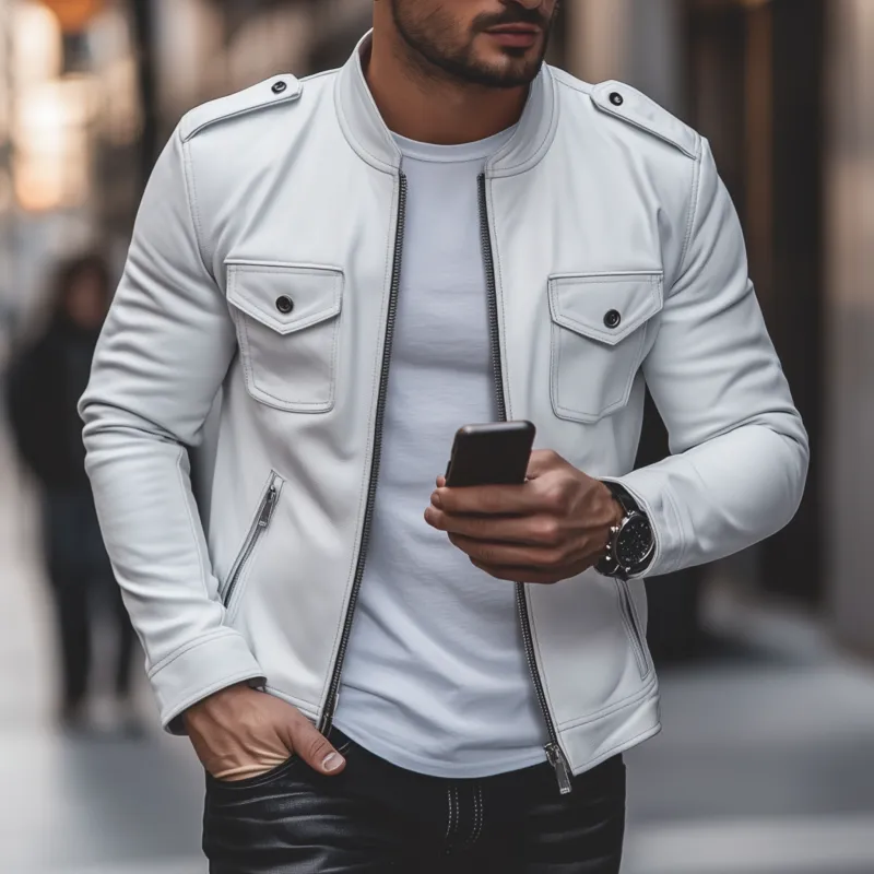 Men's Casual Solid Color Faux Leather Stand Collar Zipper Multi-Pocket Slim Fit Motorcycle Jacket MTA2521G5M sold by Manly product image thumbnail 2