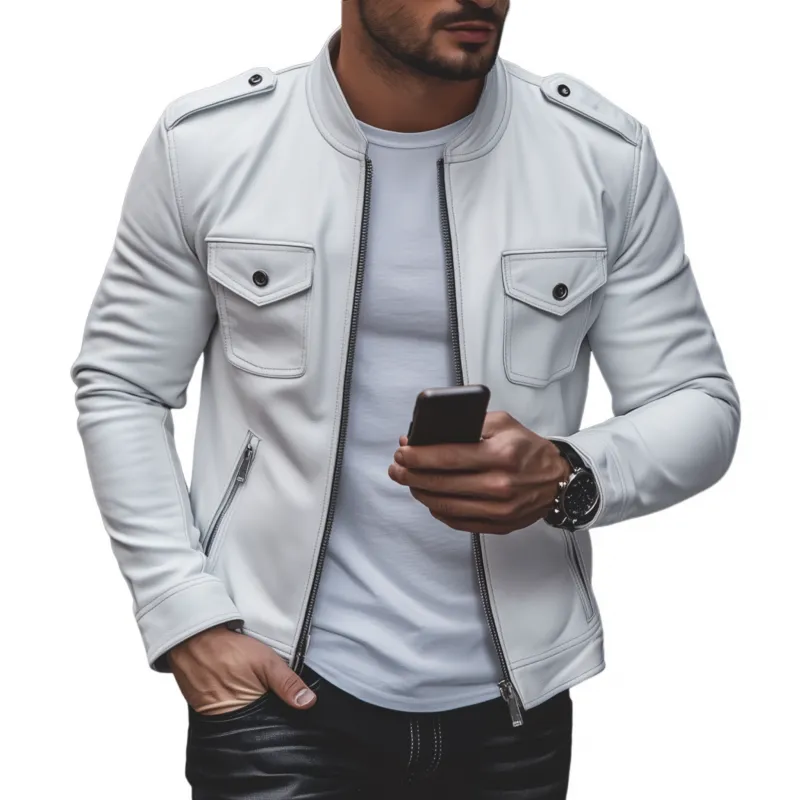 Men's Casual Solid Color Faux Leather Stand Collar Zipper Multi-Pocket Slim Fit Motorcycle Jacket MTA2521G5M sold by Manly