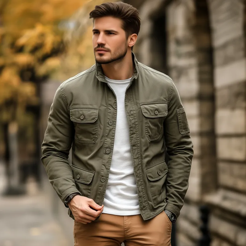 Men's Casual Outdoor Solid Color Breathable Cotton Washed Stand Collar Multi-pocket Workwear Jacket MTA2505G9M sold by Manly product image thumbnail 3