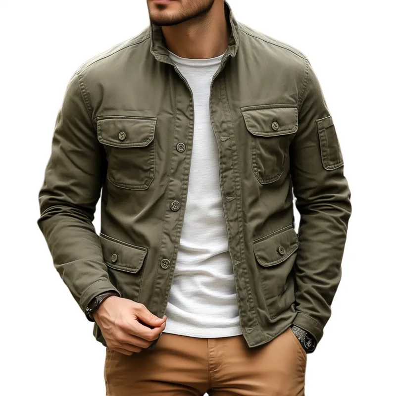 Men's Casual Outdoor Solid Color Breathable Cotton Washed Stand Collar Multi-pocket Workwear Jacket MTA2505G9M sold by Manly