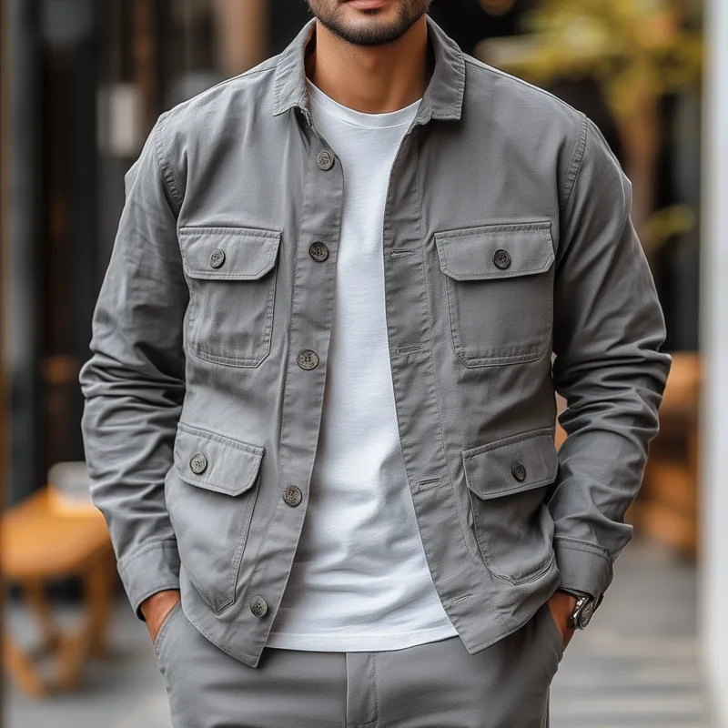 Men's Casual Outdoor Solid Color Breathable Cotton Washed Lapel Multi-Pocket Work Jacket MTA2508G5M sold by Manly product image thumbnail 2