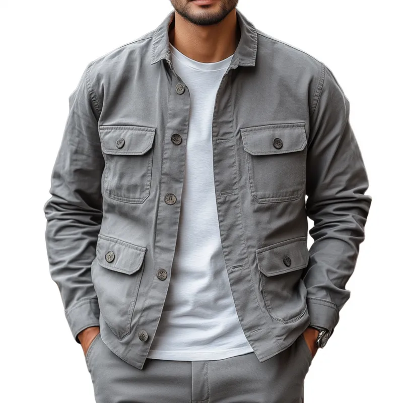 Men's Casual Outdoor Solid Color Breathable Cotton Washed Lapel Multi-Pocket Work Jacket MTA2508G5M sold by Manly