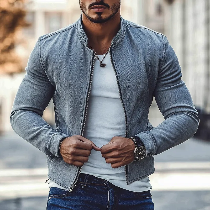 Men's Vintage Washed Denim Biker Zip-Up Jacket MTA2505G5X sold by Manly product image thumbnail 3