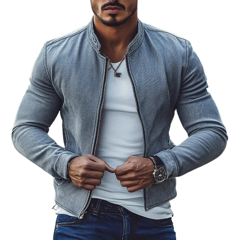 Men's Vintage Washed Denim Biker Zip-Up Jacket MTA2505G5X sold by Manly