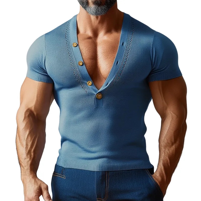 Men's Solid Color Knitted V-neck Short-sleeved T-shirt MTA2486G7X sold by Manly