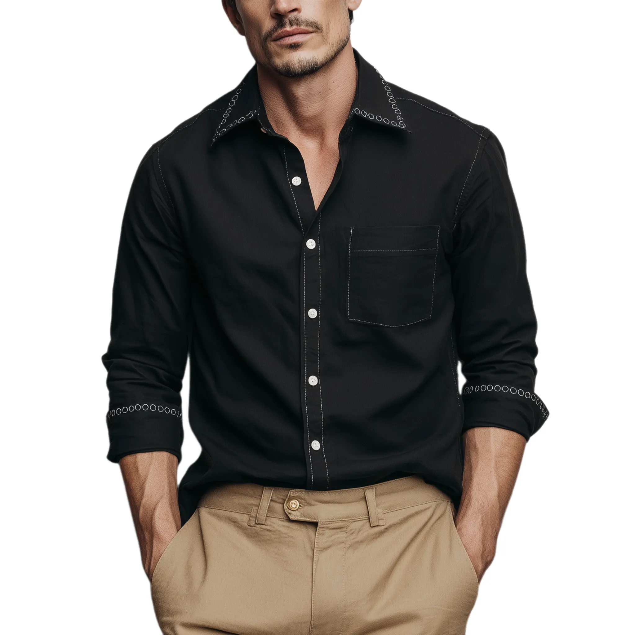 Men's Classic Casual Collar And Cuff Embroidered Cotton Blend Long Sleeve Shirt MTA3036G9K sold by Manly